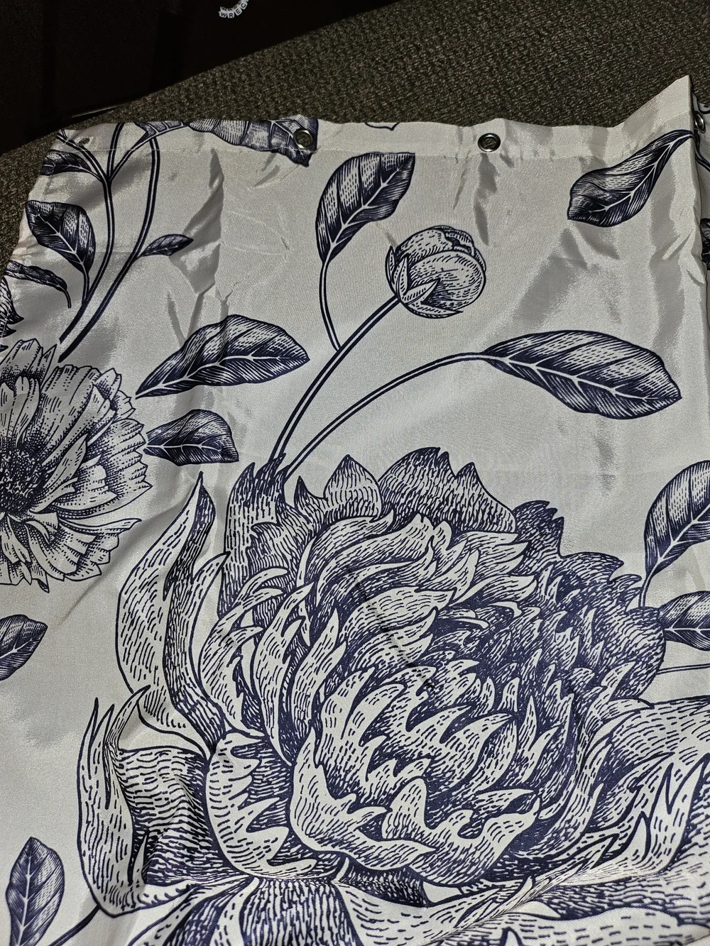 Floral Print Shower Curtain Panel in Navy on Beige - Home Accents